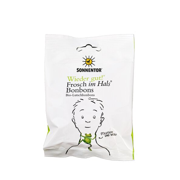 Photo of a bag Soothing Throat Drops. On the pack you can see a boy with a green frog in the throat.