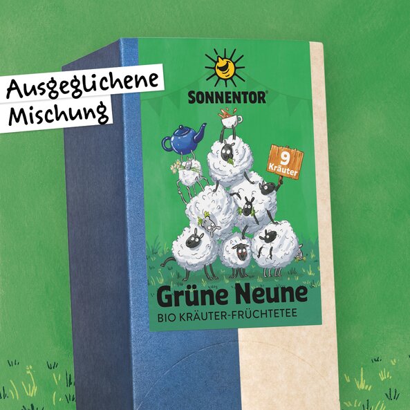 SONNENTOR Nine Greens organic Herbal Fruit Tea, ‘Balanced blend’, 9 herbs, illustration of sheep stacked in a pyramid